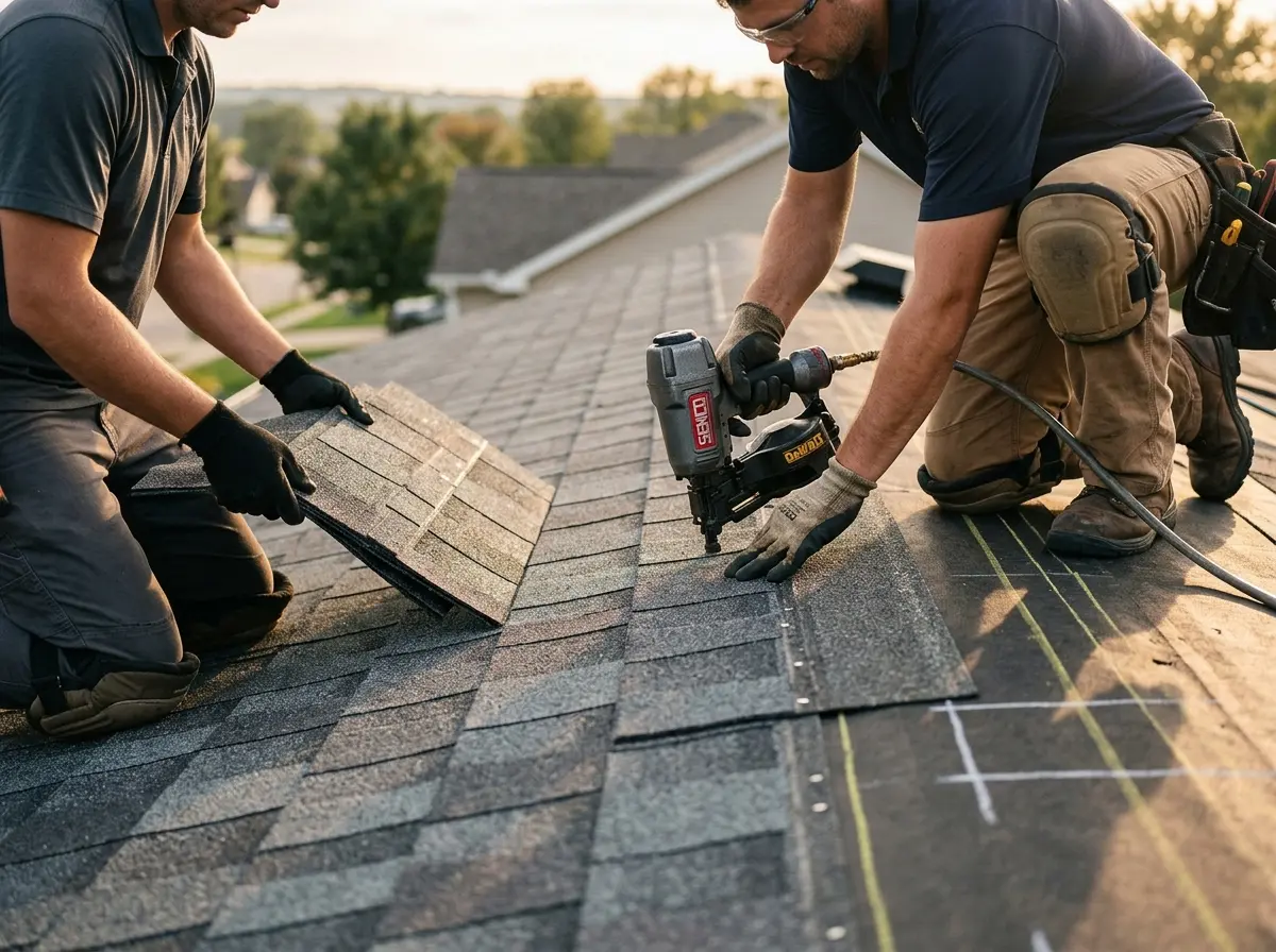 Professional roofer working on a residential roof in Mineral Wells